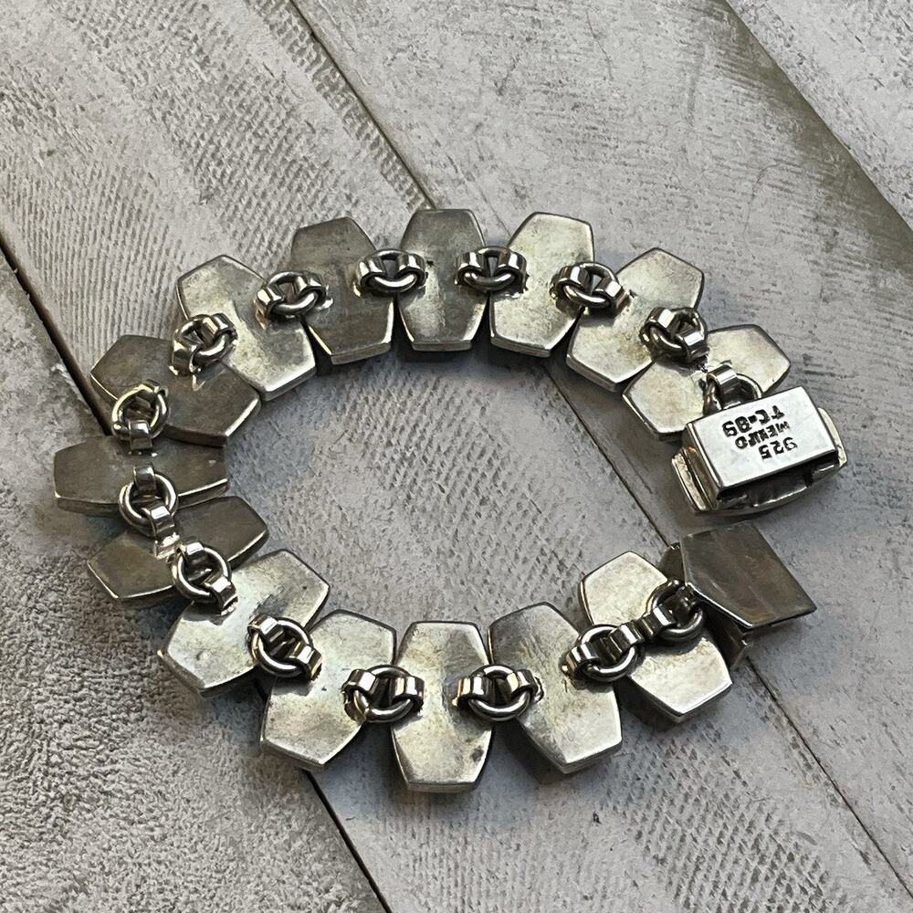 Taxco Mexico Sterling Silver 925 Vintage Turquoise Panel Link Bracelet 61.4g - Picture 9 of 12